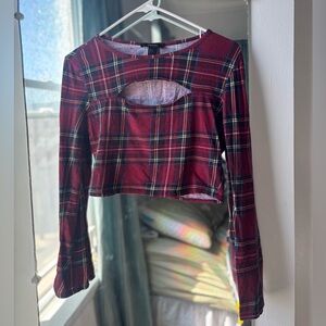 Red Plaid Long Sleeve Crop Top